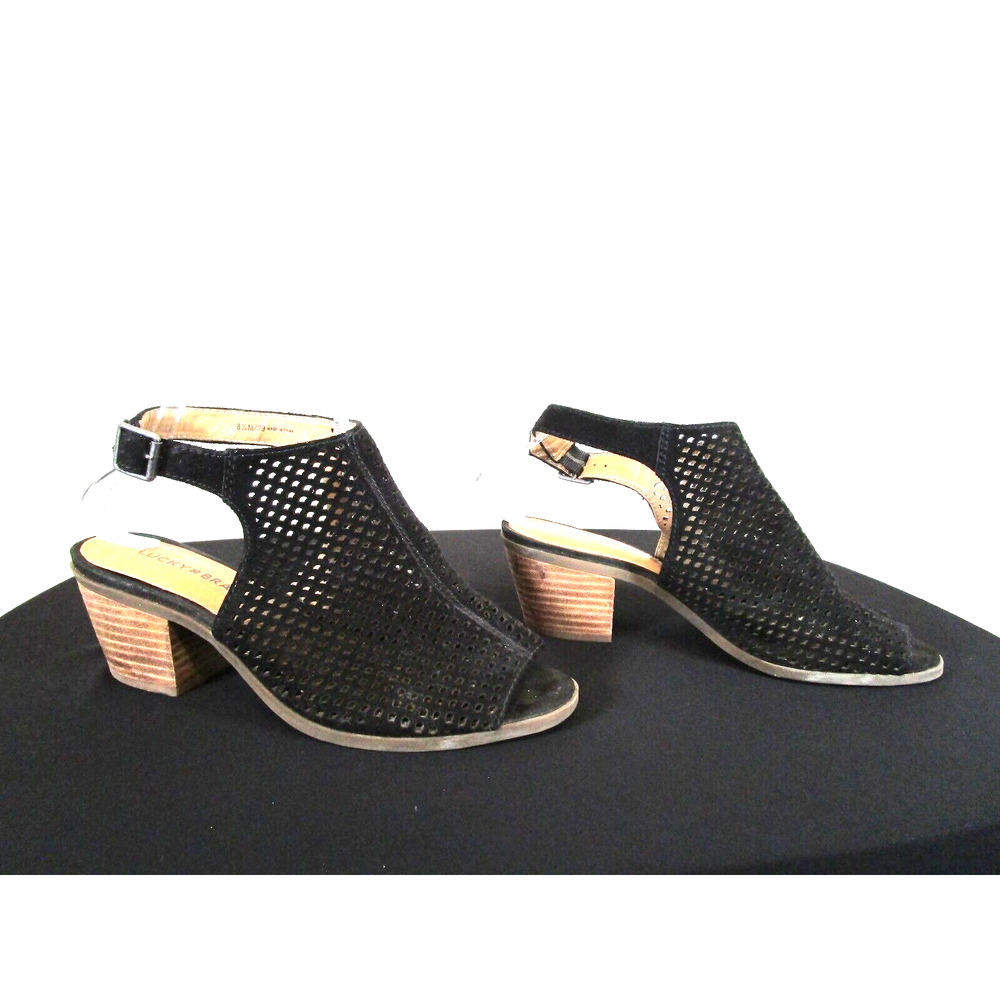 Lucky Brand Black Perforated Suede Medium Heel Ankle Strap Bootie Sandals 8.5M